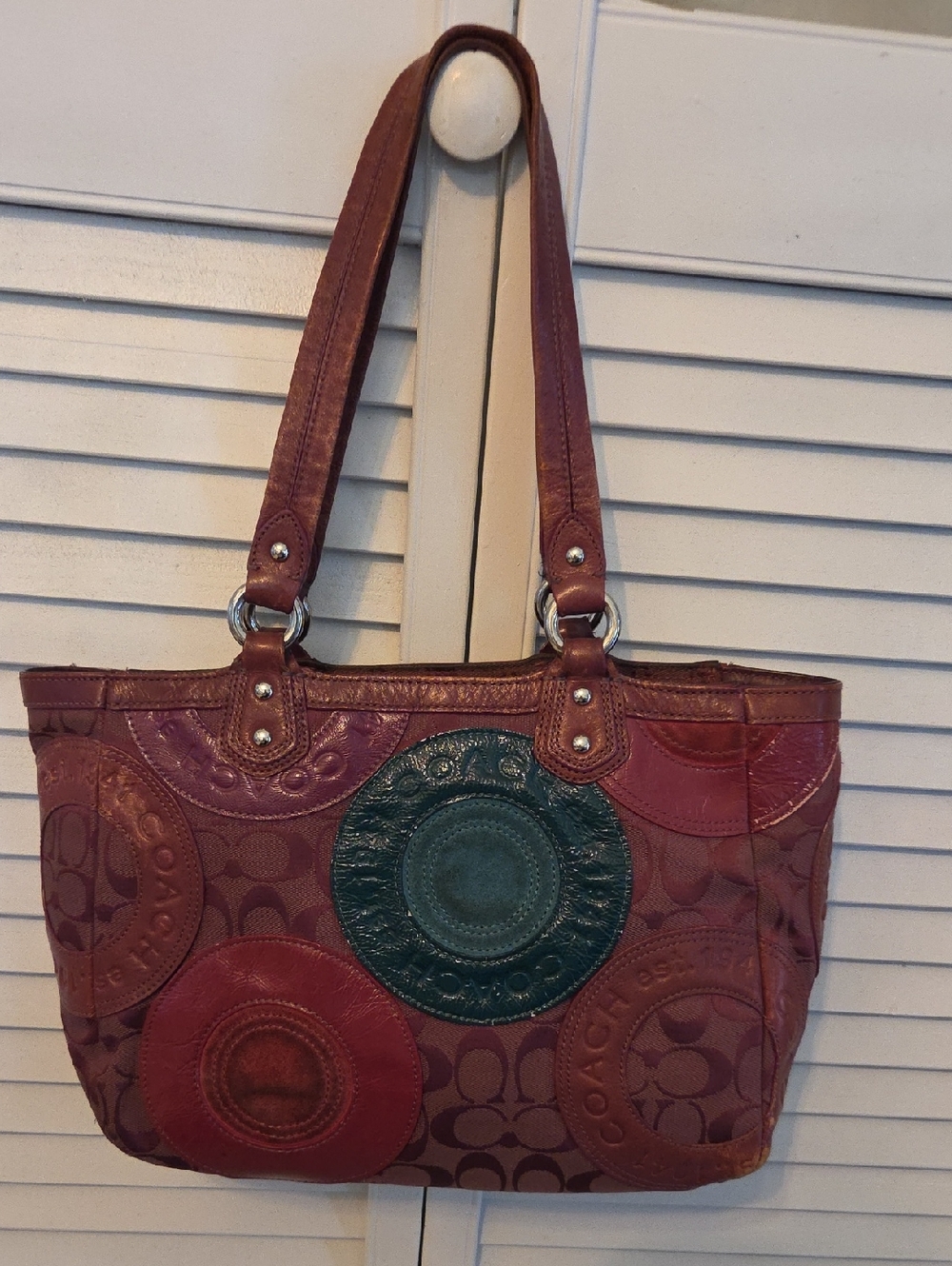 Coach Shoulder Tote in Burgundy with Green Patch Accents
